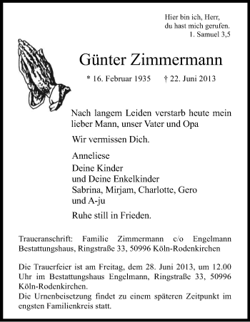 Anzeige von Günter Zimmermann von Kölner Stadt-Anzeiger / Kölnische Rundschau / Express