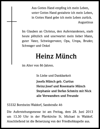 Anzeige von Heinz Münch von Kölner Stadt-Anzeiger / Kölnische Rundschau / Express