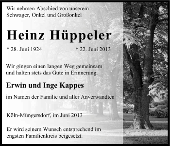 Anzeige von Heinz Hüppeler von Kölner Stadt-Anzeiger / Kölnische Rundschau / Express