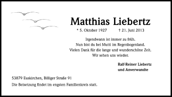 Anzeige von Matthias Liebertz von Kölner Stadt-Anzeiger / Kölnische Rundschau / Express