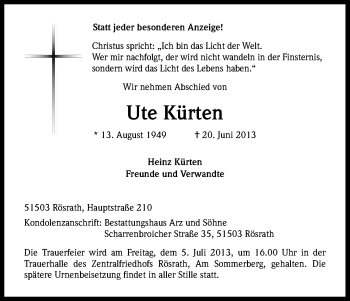 Anzeige von Ute Kürten von Kölner Stadt-Anzeiger / Kölnische Rundschau / Express