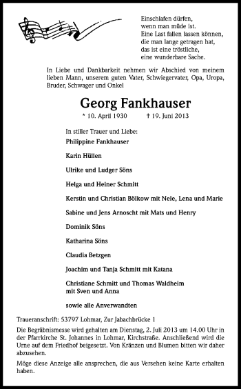 Anzeige von Georg Fankhauser von Kölner Stadt-Anzeiger / Kölnische Rundschau / Express