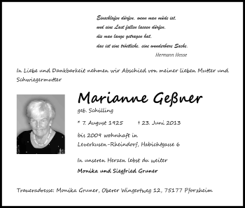 Anzeige von Marianne Geßner von Kölner Stadt-Anzeiger / Kölnische Rundschau / Express