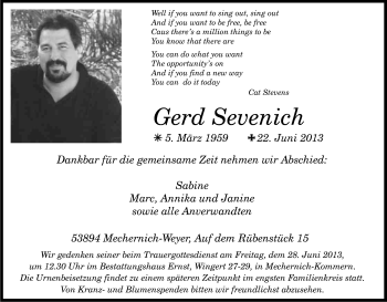 Anzeige von Gerd Sevenich von Kölner Stadt-Anzeiger / Kölnische Rundschau / Express