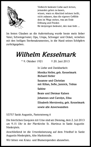 Anzeige von Wilhelm Kesselmark von Kölner Stadt-Anzeiger / Kölnische Rundschau / Express