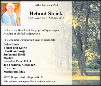 Anzeige von Helmut Strick von Kölner Stadt-Anzeiger / Kölnische Rundschau / Express