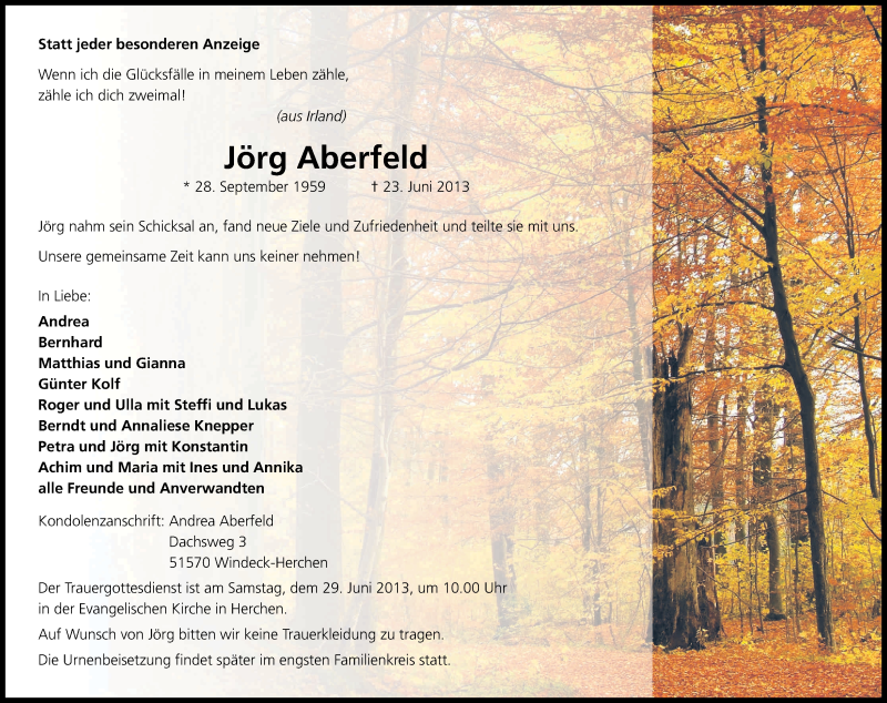  Traueranzeige für Jörg Aberfeld vom 26.06.2013 aus Kölner Stadt-Anzeiger / Kölnische Rundschau / Express