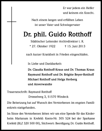 Anzeige von Guido Rotthoff von Kölner Stadt-Anzeiger / Kölnische Rundschau / Express