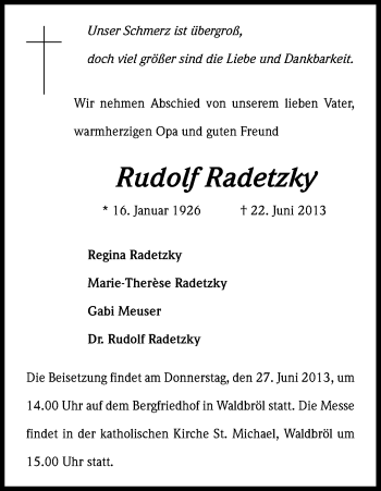 Anzeige von Rudolf Radetzky von Kölner Stadt-Anzeiger / Kölnische Rundschau / Express