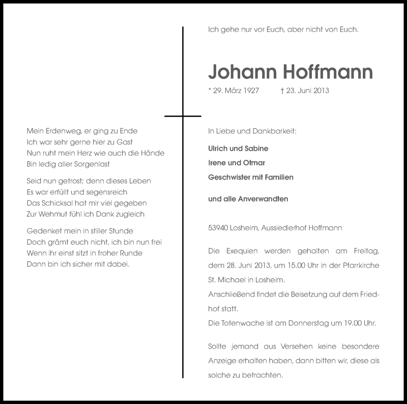  Traueranzeige für Johann Hoffmann vom 26.06.2013 aus Kölner Stadt-Anzeiger / Kölnische Rundschau / Express