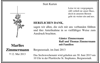Anzeige von Marlies Zimmermann von Kölner Stadt-Anzeiger / Kölnische Rundschau / Express