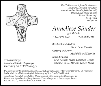 Anzeige von Anneliese Sünder von Kölner Stadt-Anzeiger / Kölnische Rundschau / Express
