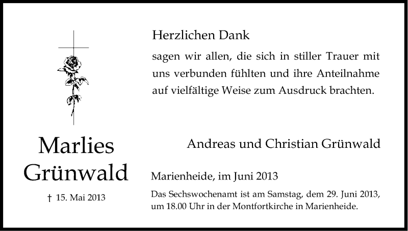  Traueranzeige für Marlies Grünwald vom 26.06.2013 aus Kölner Stadt-Anzeiger / Kölnische Rundschau / Express