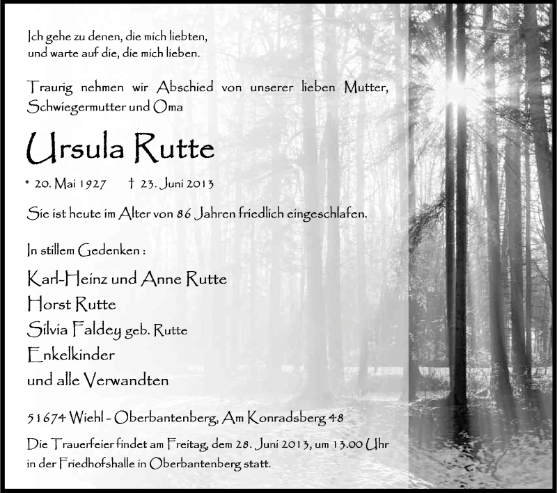  Traueranzeige für Ursula Rutte vom 26.06.2013 aus Kölner Stadt-Anzeiger / Kölnische Rundschau / Express