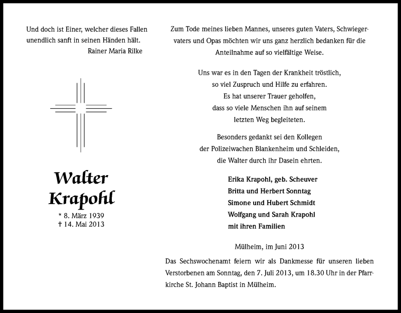  Traueranzeige für Walter Krapohl vom 26.06.2013 aus Kölner Stadt-Anzeiger / Kölnische Rundschau / Express