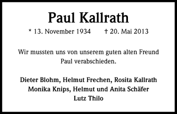 Anzeige von Paul Kallrath von Kölner Stadt-Anzeiger / Kölnische Rundschau / Express