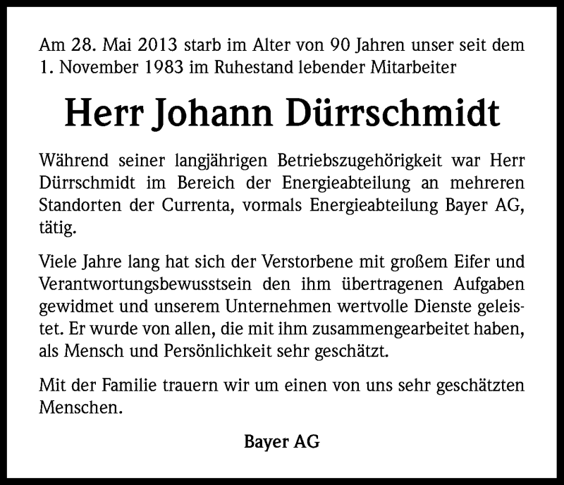  Traueranzeige für Johann Dürrschmidt vom 27.06.2013 aus Kölner Stadt-Anzeiger / Kölnische Rundschau / Express