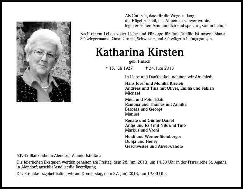  Traueranzeige für Katharina Kirsten vom 26.06.2013 aus Kölner Stadt-Anzeiger / Kölnische Rundschau / Express