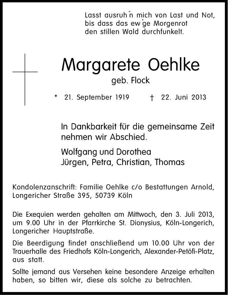  Traueranzeige für Margarete Oehlke vom 29.06.2013 aus Kölner Stadt-Anzeiger / Kölnische Rundschau / Express