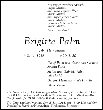 Anzeige von Palm Brigitte von Kölner Stadt-Anzeiger / Kölnische Rundschau / Express