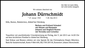 Anzeige von Johann Dürrschmidt von Kölner Stadt-Anzeiger / Kölnische Rundschau / Express