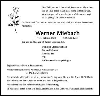 Anzeige von Werner Miebach von Kölner Stadt-Anzeiger / Kölnische Rundschau / Express
