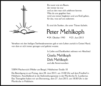Anzeige von Peter Mehlkoph von Kölner Stadt-Anzeiger / Kölnische Rundschau / Express