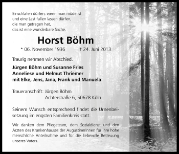 Anzeige von Horst Böhm von Kölner Stadt-Anzeiger / Kölnische Rundschau / Express