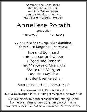 Anzeige von Anneliese Porath von Kölner Stadt-Anzeiger / Kölnische Rundschau / Express