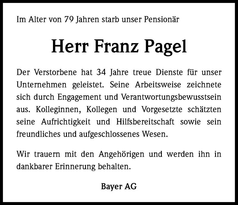  Traueranzeige für Franz Pagel vom 26.06.2013 aus Kölner Stadt-Anzeiger / Kölnische Rundschau / Express