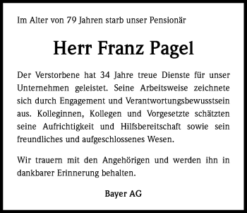 Anzeige von Franz Pagel von Kölner Stadt-Anzeiger / Kölnische Rundschau / Express
