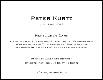 Anzeige von Peter Kurz von Kölner Stadt-Anzeiger / Kölnische Rundschau / Express