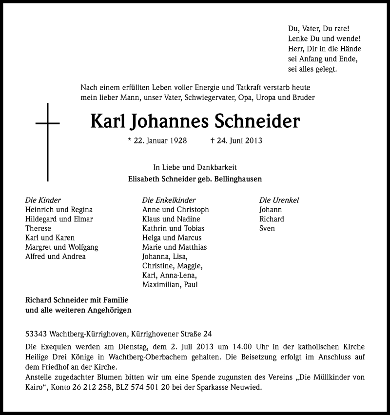  Traueranzeige für Karl Johannes Schneider vom 29.06.2013 aus Kölner Stadt-Anzeiger / Kölnische Rundschau / Express