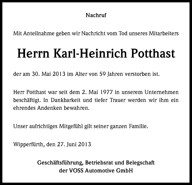  Traueranzeige für Karl-Heinrich Potthast vom 27.06.2013 aus Kölner Stadt-Anzeiger / Kölnische Rundschau / Express