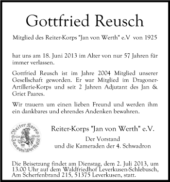 Anzeige von Gottfried Reusch von Kölner Stadt-Anzeiger / Kölnische Rundschau / Express