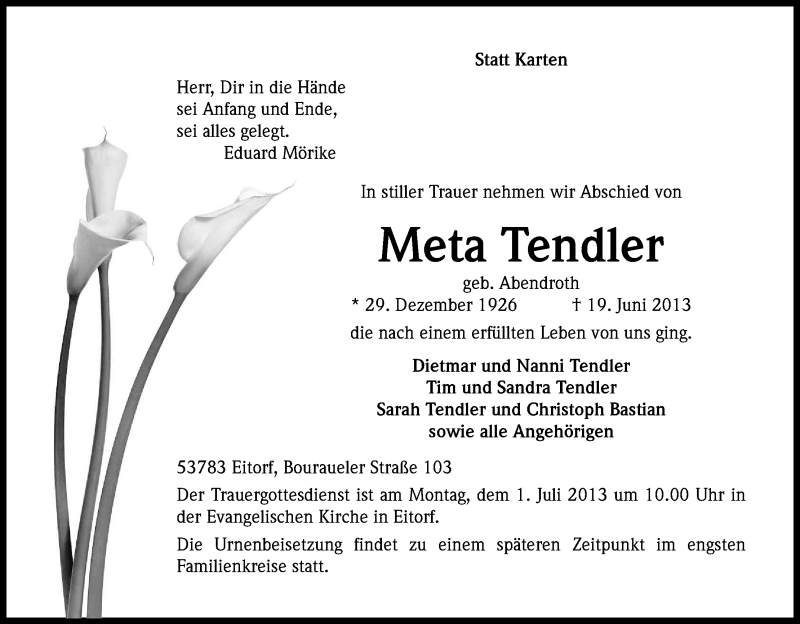  Traueranzeige für Meta Tendler vom 26.06.2013 aus Kölner Stadt-Anzeiger / Kölnische Rundschau / Express