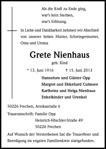 Anzeige von Grete Nienhaus von Kölner Stadt-Anzeiger / Kölnische Rundschau / Express