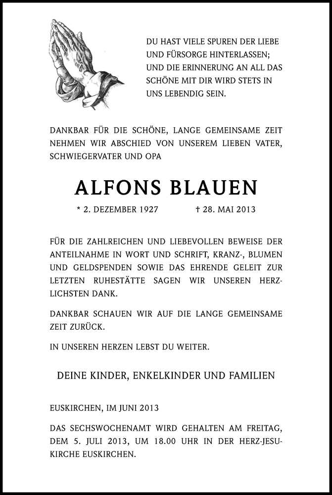  Traueranzeige für Alfons Blauen vom 29.06.2013 aus Kölner Stadt-Anzeiger / Kölnische Rundschau / Express