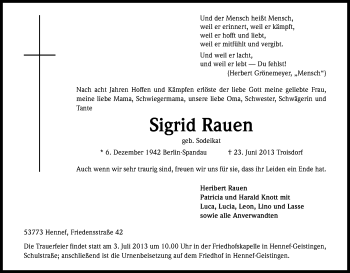 Anzeige von Sigrid Rauen von Kölner Stadt-Anzeiger / Kölnische Rundschau / Express