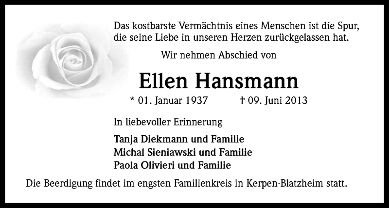  Traueranzeige für Ellen Hansmann vom 29.06.2013 aus Kölner Stadt-Anzeiger / Kölnische Rundschau / Express