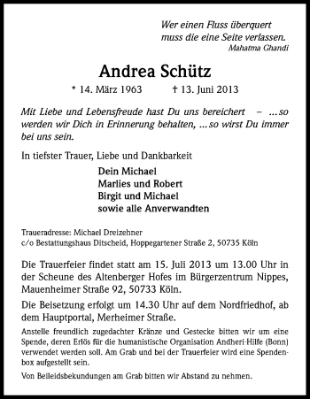Anzeige von Schütz Andrea von Kölner Stadt-Anzeiger / Kölnische Rundschau / Express