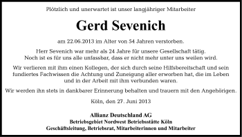 Anzeige von Gerd Sevenich von Kölner Stadt-Anzeiger / Kölnische Rundschau / Express