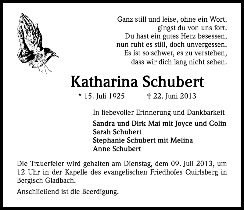  Traueranzeige für Katharina Schubert vom 28.06.2013 aus Kölner Stadt-Anzeiger / Kölnische Rundschau / Express