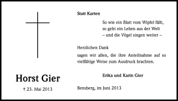 Anzeige von Horst Gier von Kölner Stadt-Anzeiger / Kölnische Rundschau / Express