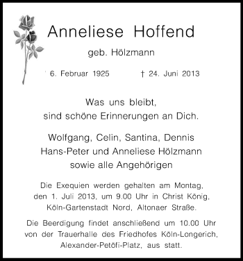 Anzeige von Anneliese Hoffend von Kölner Stadt-Anzeiger / Kölnische Rundschau / Express