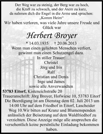 Anzeige von Herbert Broyer von Kölner Stadt-Anzeiger / Kölnische Rundschau / Express