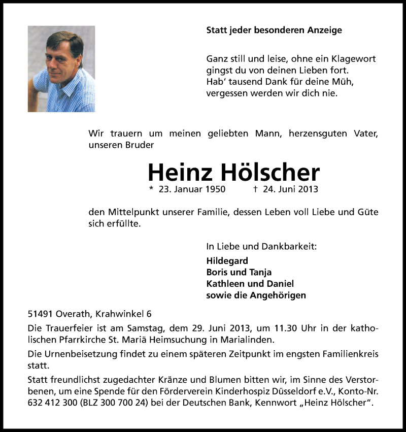  Traueranzeige für Heinz Hölscher vom 27.06.2013 aus Kölner Stadt-Anzeiger / Kölnische Rundschau / Express