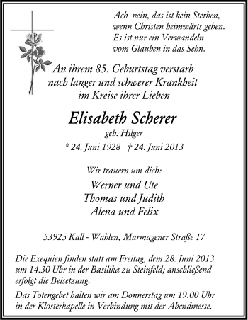 Anzeige von Elisabeth Scherer von Kölner Stadt-Anzeiger / Kölnische Rundschau / Express