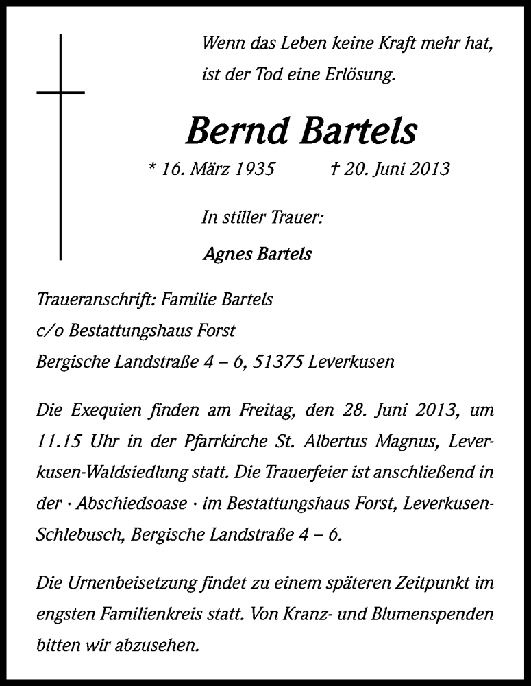 Traueranzeigen von Bernd Bartels WirTrauern