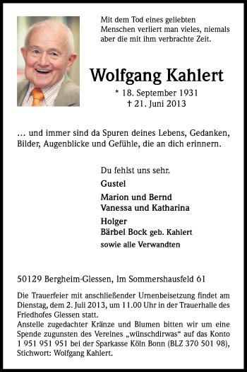 Anzeige von Wolfgang Kahlert von Kölner Stadt-Anzeiger / Kölnische Rundschau / Express